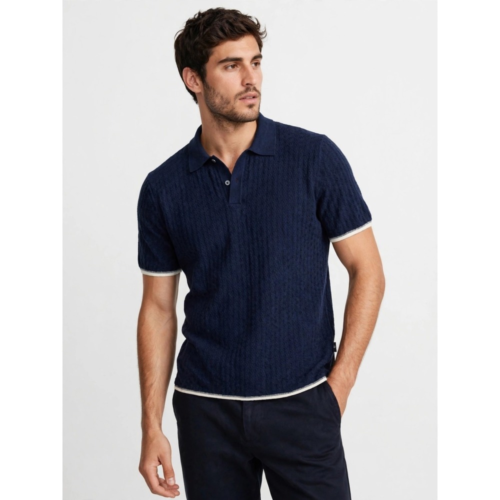 Ted Baker Men's XL Navy Blue Knit Polo Shirt Cream Trim Short Sleeve